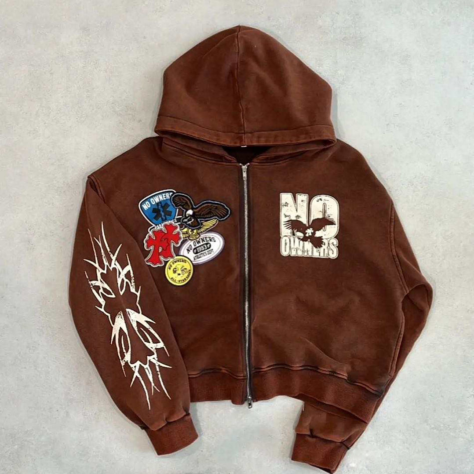 French Terry Acid Wash Zip Through Hoodie Crop Top Hoodie