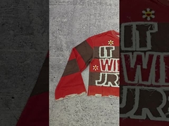 Custom Logo 280-300 Gsm Cotton Distressed Embroidery Acid Washed Raw Hem Cropped Striped Long Sleeve