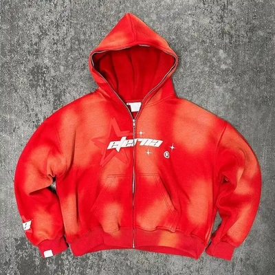 Buy 100% Cotton Heavyweight Hoodie Vintage Acid Wash Sun Faded Puff Printing Full Zip Up online manufacture