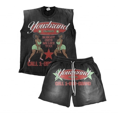 Buy Support Customized Logo Sun Faded Acid Wash Vintage Sleeveless T shirt and Shorts Set online manufacture