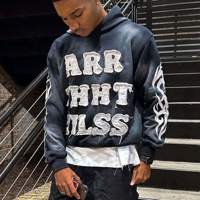 Buy Vintage Sun Faded Acid Wash Distressed Patch Applique Embroidery Cropped Hoodie Men Crop Top Sweatshirt online manufacture