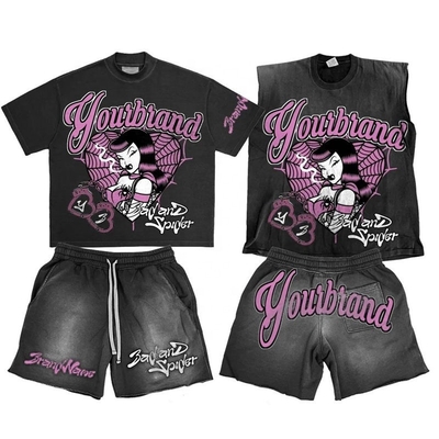 Buy Custom Logo Acid Wash Hoodies Sweat Shorts Black Crop Top and Sleeveless Tank Top Set online manufacture