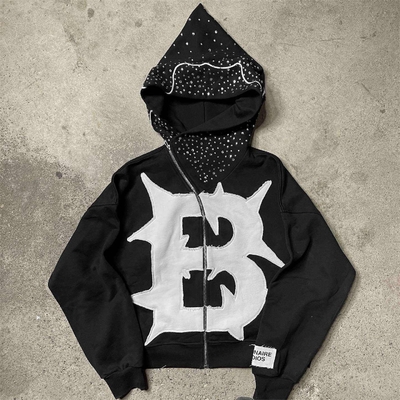 Buy Custom Y2k French Terry Patch Work Cut Off Cropped Hoodie in Washed Distressed Style online manufacture
