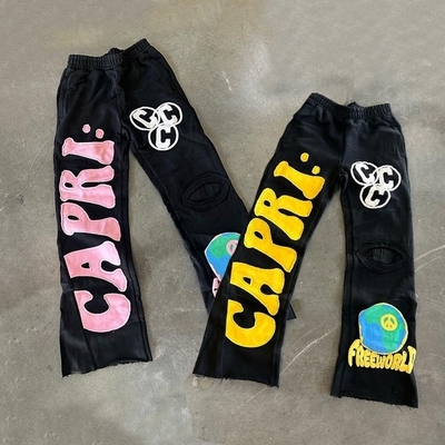 Buy Patch Embroidery French Terry Acid Wash Raw Hem Distressed Flared Sweatpants Regular Fit 100% Cotton online manufacture
