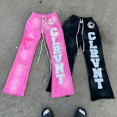 Buy Flared Mens Sweatpants Black Oversized Cut Raw Hem Acid Wash Sunfaded Embroidery Patch online manufacture