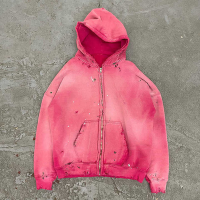 Buy Acid Wash Zip Up Hoodie Mens Women'S 500gsm Blank Pink Acid Wash Vintage Ripped Hole Distressed online manufacture