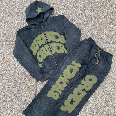 Buy Vintage Distressed Patch Applique Embroidery Hoodie Set with Customizable Color Options online manufacture