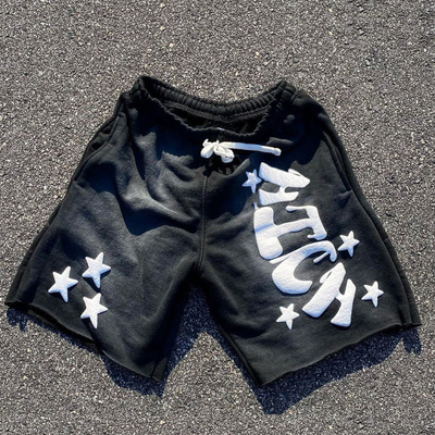 Buy Men's Sun Faded Acid Wash Streetwear Shorts with Raw Hem and Rhinestone Puff Print online manufacture
