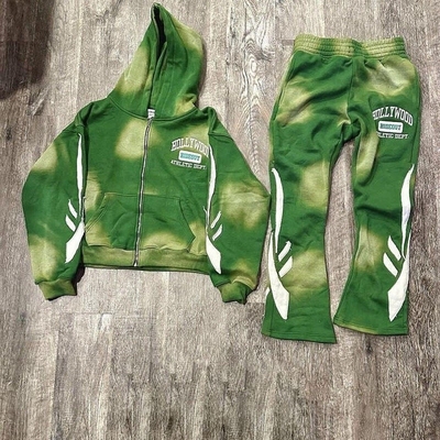 Buy Distressed Patch Embroidery Flared Sweatpants and Hoodie Set 400 grams Fabric Weight online manufacture
