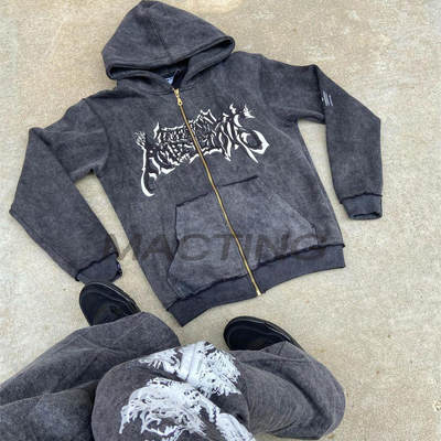 Buy Customized Streetwear Zipper Zip Up Hoodies and Flared Sweatpants Set in Vintage Style online manufacture