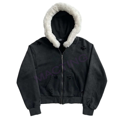 Buy Solid Acid Wash Sun Faded Distressed Custom Full Zip Up Hoodies Coat with Fur Collar online manufacture