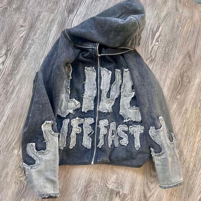 Buy Custom Graphic Zipper Vintage Embroidery Patchwork Label Customized Labels Men's Hoodies online manufacture