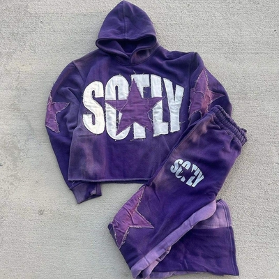 Buy 400 Grams Custom Embroidered Hoodie Set with Applique Patch and Flared Sweat Pants online manufacture