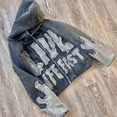 Buy Colorful Vintage Embroidery Patchwork Hoodie with Full Zipper and Distressed Applique online manufacture