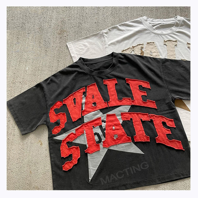 Buy Men's Custom Graphic T-shirts DTG Print Vintage Distressed Patch Embroidery Acid Wash online manufacture
