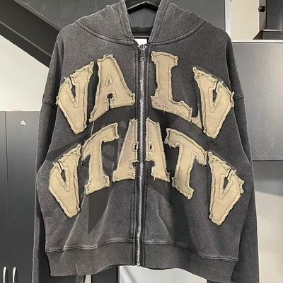 Buy 450 Gsm HeavyWeight French Terry Vintage Acid Wash Distressed Patch Embroidery Pullover Hoodie online manufacture