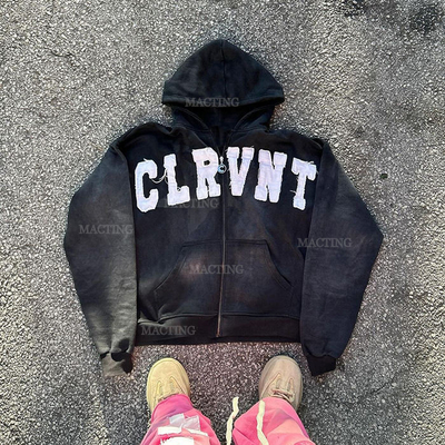 Buy Custom Logo Streetwear 400gsm Stone Wash Zip Up Hoodie in Grey with Distressed Patch online manufacture