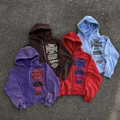 Buy Men's Anti-Shrink Acid Wash Cropped Hoodie with Double Zipper Vintage Sun Faded Style online manufacture