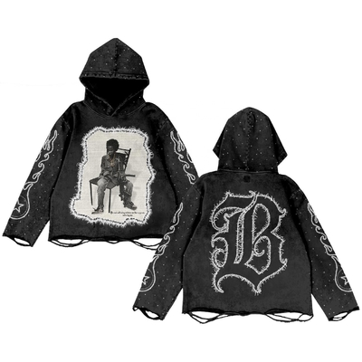 Buy Black Vintage Rhinestone Hoodie Distressed Embroidery Patch 220 Grams Heavyweight Acid Wash online manufacture