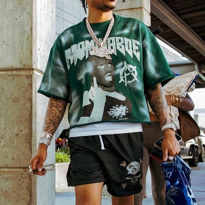 Buy Men's Custom Streetwear Vintage Acid Wash Sun Faded Raw Hem Boxy Fit Crop Top T-Shirt online manufacture