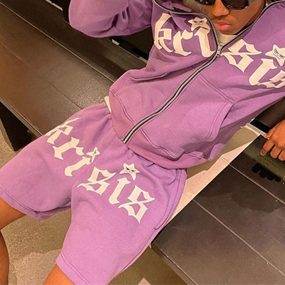 Buy Cool Colourful Tracksuit Combat Distressed Embroidery Patchwork Hoodie Shorts Sets French Terry 3D Puff Printing online manufacture