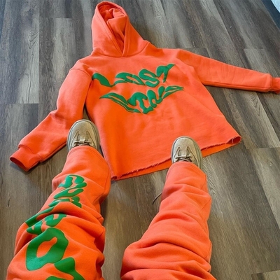 Buy Cricket Cotton Tracksuit Custom Men'S Hoodie Set Puff Print Stacked Flared Pants online manufacture