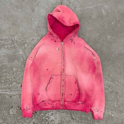 Buy Lightweight 400 gsm Cotton Zip Up Hoodie Vintage Distressed Pink Sun Faded French Terry online manufacture