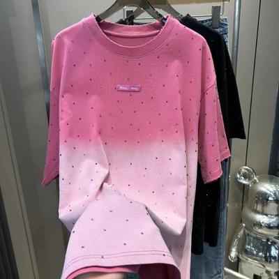 Buy 250Gsm Mens Rhinestone T Shirts Unisex Cotton T Shirt With Vintage Wash Oversized Fit In Pink Acid Wash online manufacture