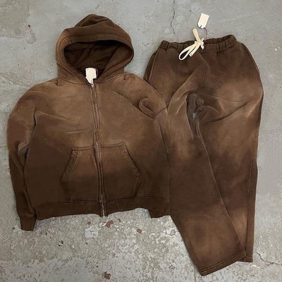 Buy Stylish Men's Cotton Zipped Destroyed Sun Faded Hoodie and Sweatpants Set for Jogging online manufacture