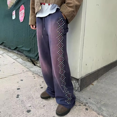 Buy Sun Faded Acid Wash Custom Joggers Cotton Baggy Sweatpants with Crystal Decoration online manufacture