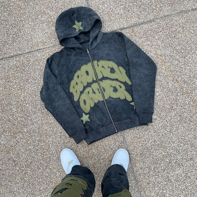 Buy Custom Oversized Sun Faded Distressed Zip Up Embroidered Patch Hoodie Set online manufacture