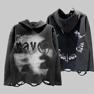 Buy Cotton Fabric Unisex Distressed Hoodie Screen Print French Terry Pullover online manufacture