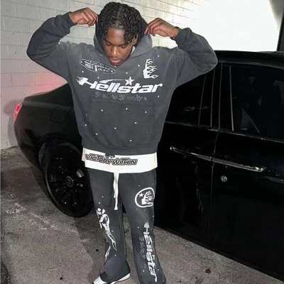 Buy Washed Black Crop Top and Flared Sweatpants Set for Custom 2 Piece Joggers Tracksuit online manufacture