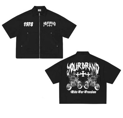 Buy Custom Logo Screen Print Zip Up Cropped Boxy T Shirt in 100% Cotton Fabric for Streetwear online manufacture