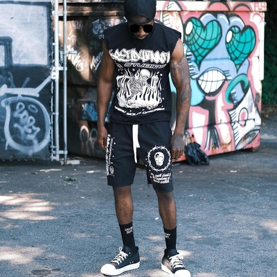 Buy 2024 Summer Jogging Acid Wash Distressed Sleeveless Raw Hem 2 Piece Tshirt Shorts Set online manufacture