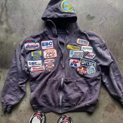 Buy Men's Heavyweight Acid Wash Hoodie with Embroidery Patchwork and Distressed Applique online manufacture