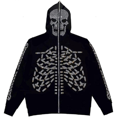 Buy 800 grams Hooded Zip Up Sweatshirt Men's Gothic Rhinestone Skull Graphic Print Jacket online manufacture