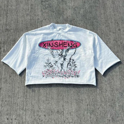 Buy Men's Colorful Streetwear DTG Printing Crew Neck Short Sleeve Box Fit Cropped T-Shirt online manufacture