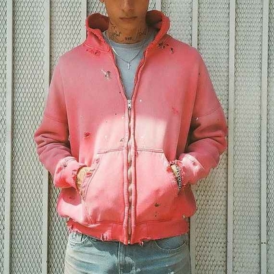 Buy Solid Custom Women's 400 gsm Cotton Oversized Pink Acid Wash Vintage Distressed Cropped Zip Up Hoodie online manufacture