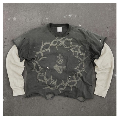 Buy Men'S Graphic Long Sleeve Shirts With Raw Hem Acid Washed Knitted Weaving online manufacture