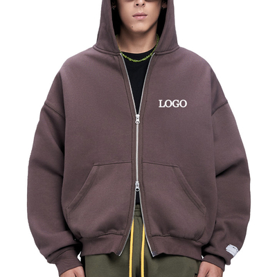 Buy Hooded Collar Printing Streetwear Brown Zip Up Crop Top Hoodie with 500 Gsm online manufacture