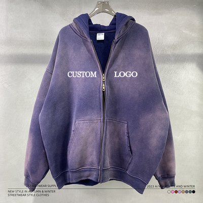 Buy Vintage Two Way Double Zipper Ripped Distressed Hoodie Winter Thick Streetwear for Men online manufacture