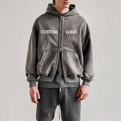 Buy Streetwear Distressed Ripped Washed Custom Hoodies Cotton Double Zipper Hoodie for Men online manufacture
