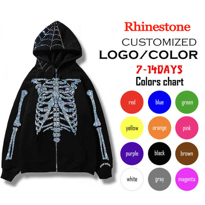 Buy Custom Design Full Zip Up Hoodie with Double Layer Embroidery and Rhinestone Bling online manufacture