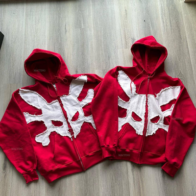 Buy WASHED Custom 500 Gsm Streetwear Heavyweight French Terry Vintage Acid Wash Distressed Patch Applique Embroidery Zip Up Hoodie online manufacture