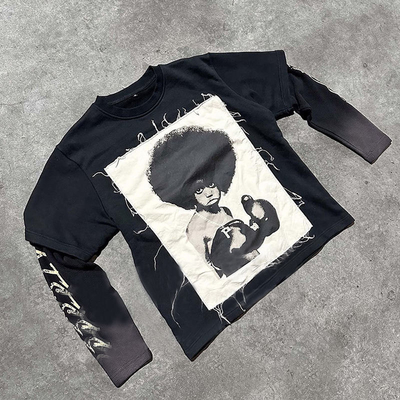 Buy Custom Oversized Boxy Y2K Graphic Distressed Patchwork Embroidery Tshirt for Men online manufacture