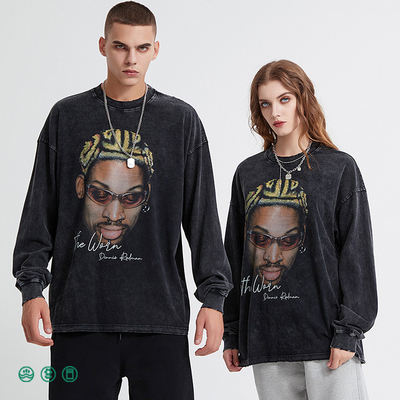 Buy Men'S Hip Hop Acid Wash Crewneck Sweatshirt Athletic Black Distressed Vintage T-Shirt Terry Fabric online manufacture