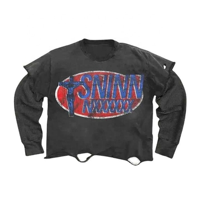 Buy Custom Long Sleeve T Shirts Vintage Washed Ripped 250Gsm T-Shirt Double Layer  100 Cotton online manufacture