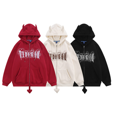 Buy 8oz 12 Ounce Zipped Hooded Sweatshirt Devil Horn Printed Fleece Blank Unisex Couple Men Oversized Full Zip Up Pullover online manufacture