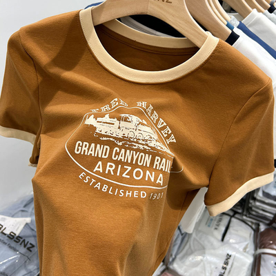 Buy American Color Vintage Contrast Printed Short-Sleeved T-shirt S-2XL or Customize Size online manufacture
